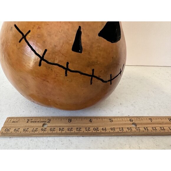 Handmade 7" carved Halloween gourd jack-o-lantern pumpkin signed folk art rustic - Picture 10 of 12